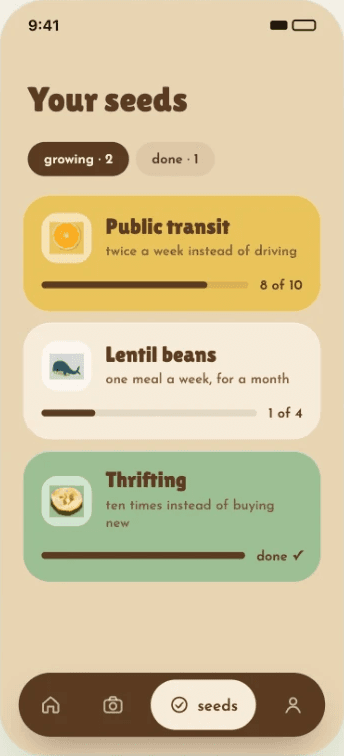 Your seeds: public transit 8 of 10, lentil beans 1 of 4, thrifting done