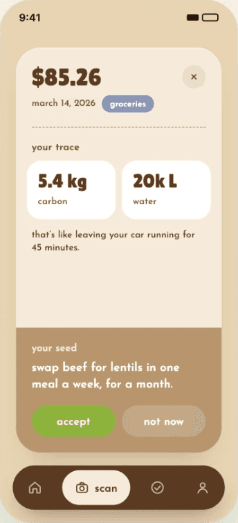 A receipt's footprint, 5.4 kg of carbon and 20k litres of water, with one suggested swap: beef for lentils once a week