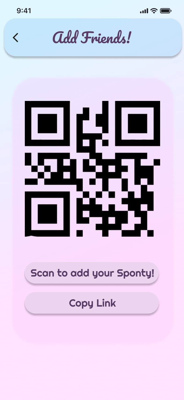 Add Friends: a QR code to scan, and a link to copy