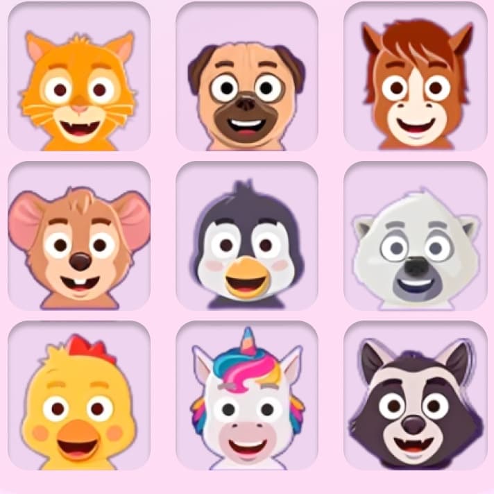 Nine animal characters to pick from: a cat, pug, horse, mouse, penguin, polar bear, chick, unicorn and raccoon