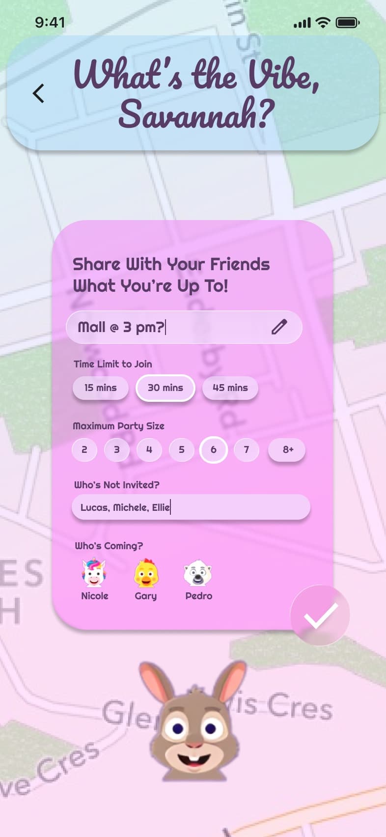 The What's the vibe screen: a plan, a time limit, party size and who's invited