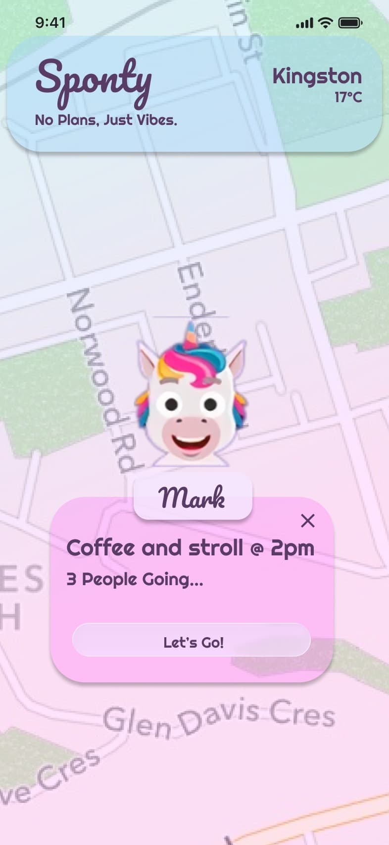 A friend's invite on the map: Coffee and stroll at 2pm, three people going, with a Let's go button